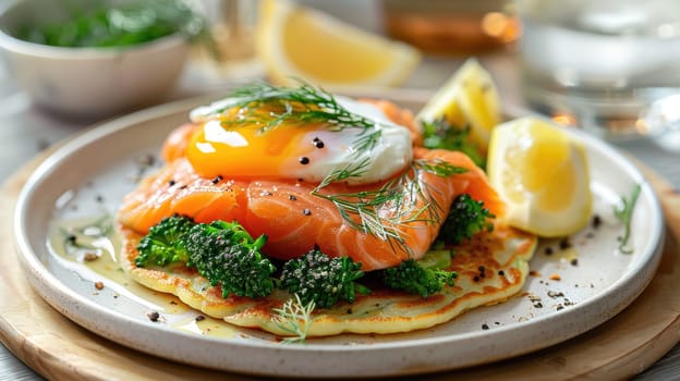 A vibrant dish features a perfectly poached egg on a bed of smoked salmon and steamed broccoli resting on a savory vegetable pancake. Fresh herbs and lemon slices enhance the presentation.