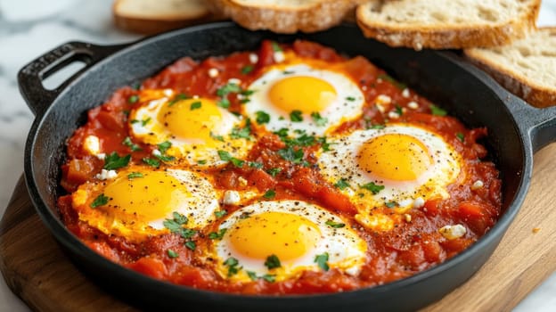 This flavorful dish showcases perfectly cooked eggs nestled in rich tomato sauce, garnished with herbs, accompanied by slices of bread for dipping.