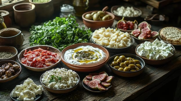 A variety of fresh vegetables, cheeses, and fruits are beautifully arranged on clay bowls atop a rustic wooden table, creating an enticing spread for a traditional Middle Eastern meal.
