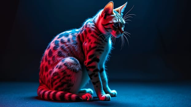 A cat is sitting on a black surface with a blue background. The cat is looking at the camera