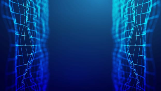 A futuristic digital network visualization featuring luminous grids representing blockchain technology and decentralized data flow, set against a gradient blue background. Ideal for showcasing innovation, technology, and cryptocurrency concepts.