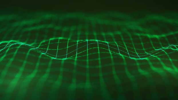 The image showcases a glowing green grid wave that spans across the frame, creating an abstract and futuristic visual effect. The wave appears three-dimensional, with its intricate curves and lines radiating a sense of motion and energy. The background is a dark green gradient, emphasizing the luminous grid and creating a contrast that enhances the overall depth of the composition.