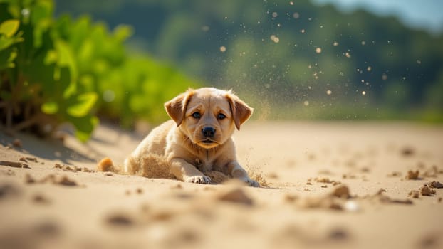 A small dog is laying in the sand on a beach. The dog is brown and he is enjoying the warm weather
