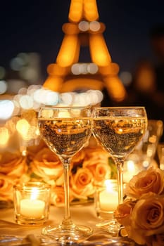 glasses of champagne on the background of the Eiffel Tower. Selective focus.