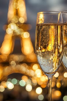 glasses of champagne on the background of the Eiffel Tower. Selective focus.