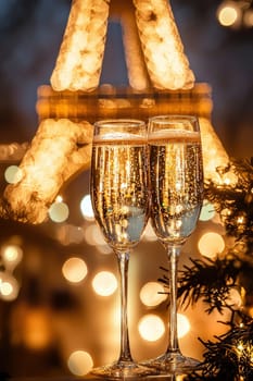 glasses of champagne on the background of the Eiffel Tower. Selective focus.