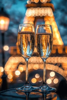 glasses of champagne on the background of the Eiffel Tower. Selective focus.