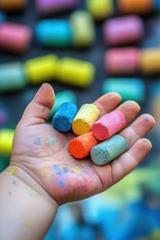 Close-up of a child's hand drawing on the asphalt. Selective focus.