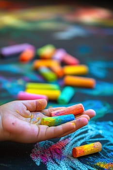 Close-up of a child's hand drawing on the asphalt. Selective focus.