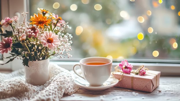 cup of tea gift and flowers. Selective focus.
