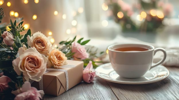 cup of tea gift and flowers. Selective focus.