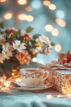 cup of tea gift and flowers. Selective focus.