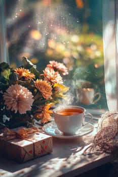 cup of tea gift and flowers. Selective focus.