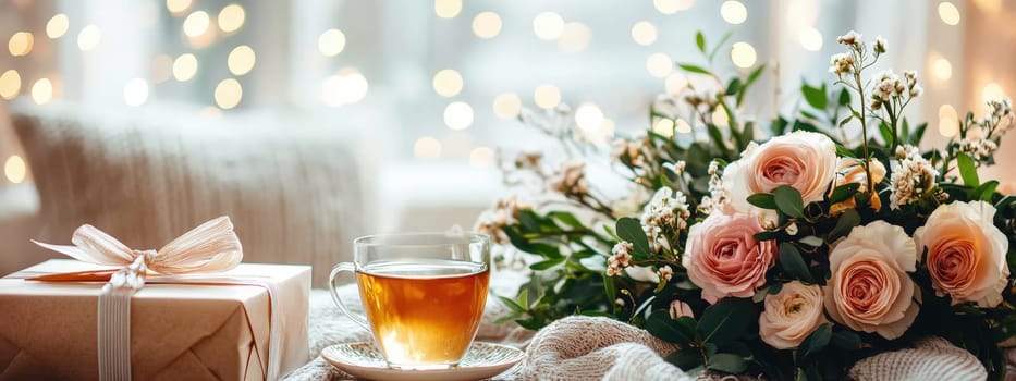 cup of tea gift and flowers. Selective focus.