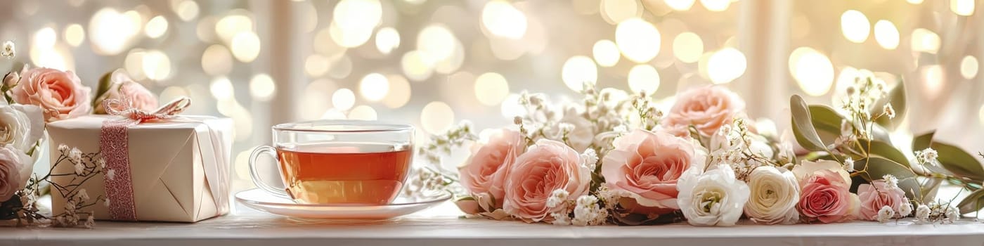 cup of tea gift and flowers. Selective focus.