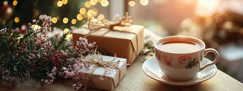 cup of tea gift and flowers. Selective focus.