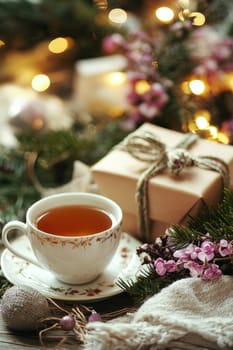 cup of tea gift and flowers. Selective focus.