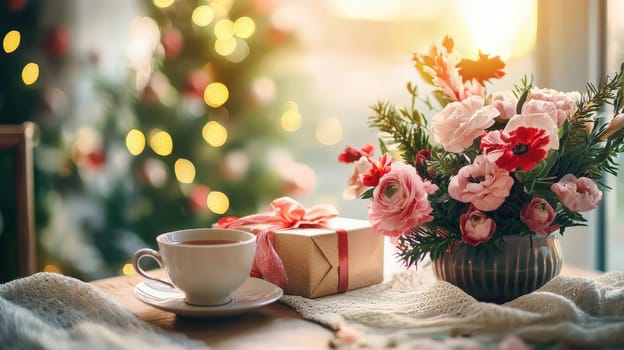 cup of tea gift and flowers. Selective focus.