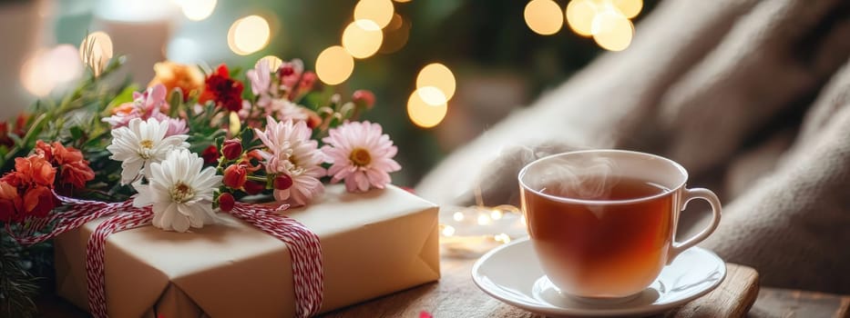 cup of tea gift and flowers. Selective focus.