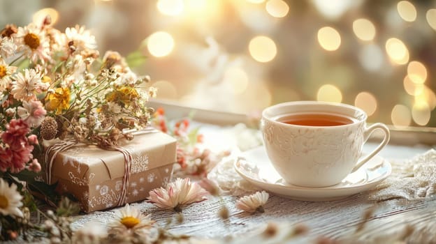 cup of tea gift and flowers. Selective focus.