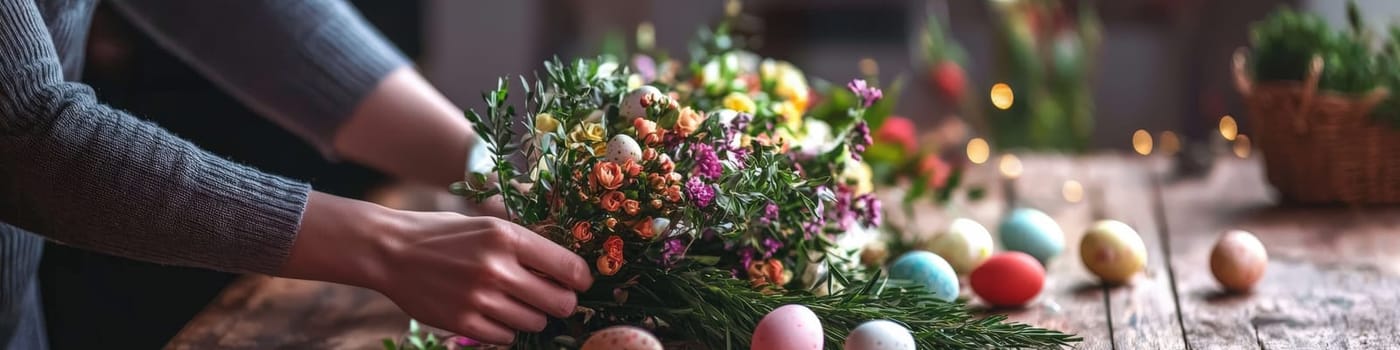 Woman holding Easter eggs in her hands. Selective focus.