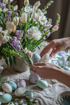 Woman holding Easter eggs in her hands. Selective focus.