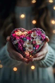 woman holding a heart of flowers in her hands. Selective focus.