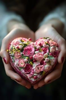 woman holding a heart of flowers in her hands. Selective focus.