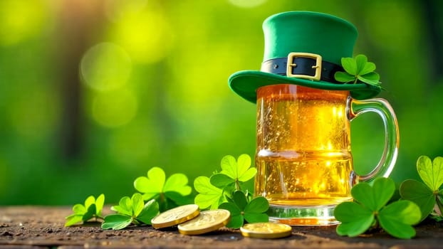 A green hat and beer mug surrounded by shamrocks and gold coins on a green blurred background. Symbolism of St. Patrick's Day.