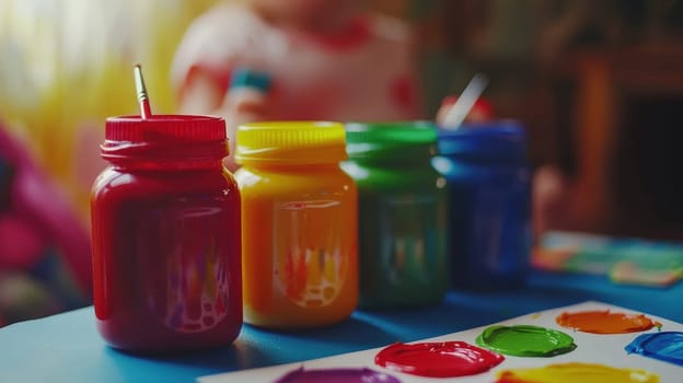 close up of paints on the table. Selective focus.