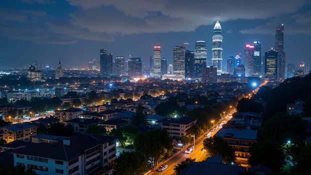 A city at night with many tall buildings and a large city skyline. The city is lit up with lights and the atmosphere is lively and bustling