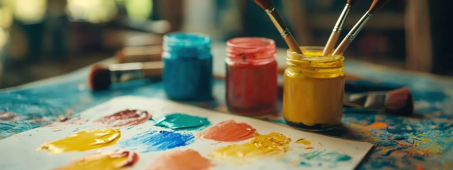 close up of paints on the table. Selective focus.