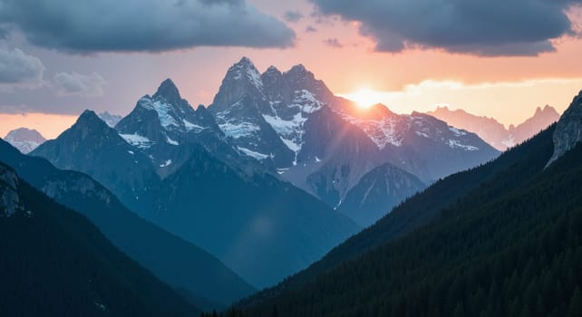 The mountains are covered in snow and the sun is setting behind them. The sky is a mix of blue and pink, creating a serene and peaceful atmosphere