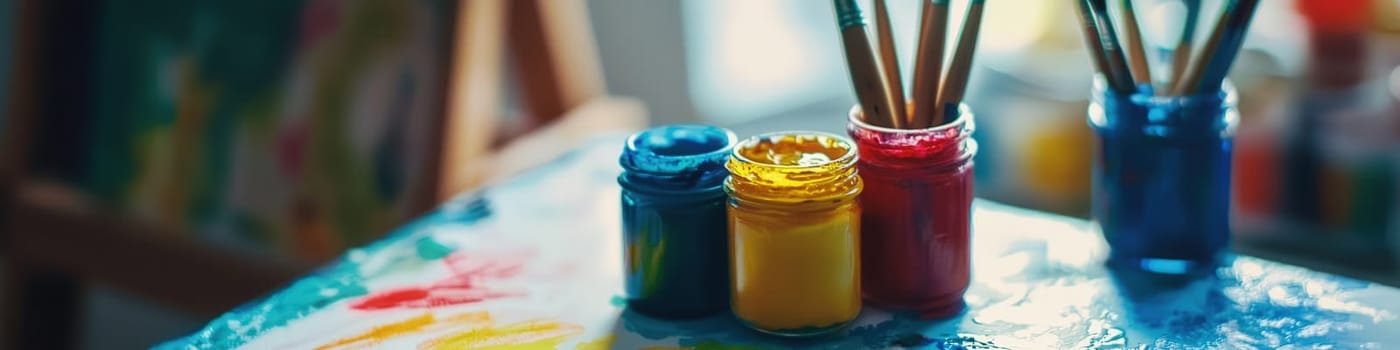 close up of paints on the table. Selective focus.