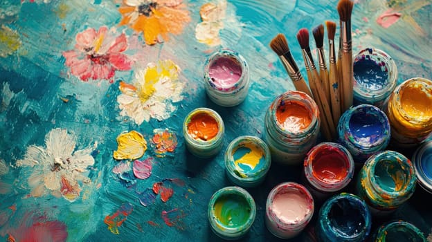 close up of paints on the table. Selective focus.