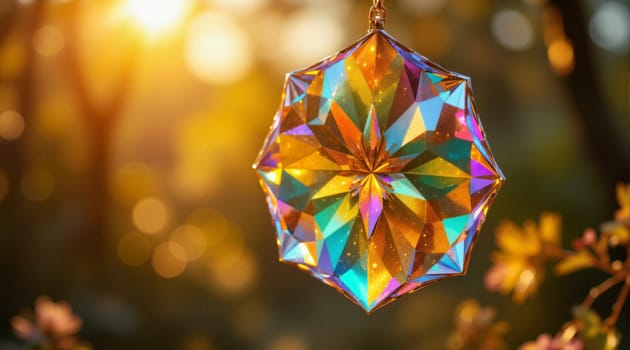 A colorful, multi-colored, sun-lit, ornate, and intricate design hanging from a window