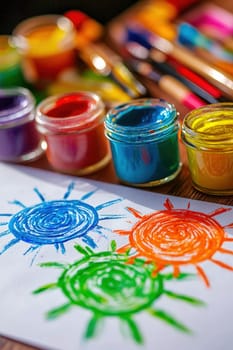 close up of paints on the table. Selective focus.