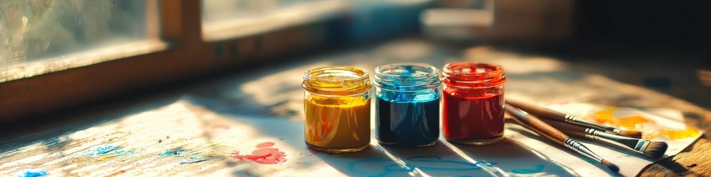 close up of paints on the table. Selective focus.