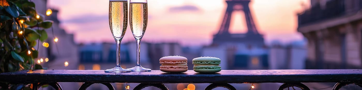 Close-up of champagne and macaroons on the background of the Eiffel Tower. Selective focus.