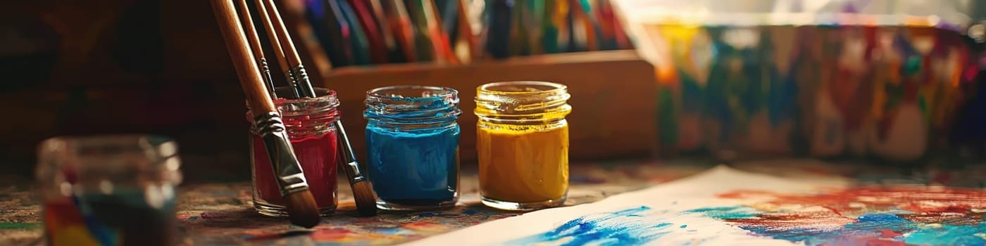 close up of paints on the table. Selective focus.