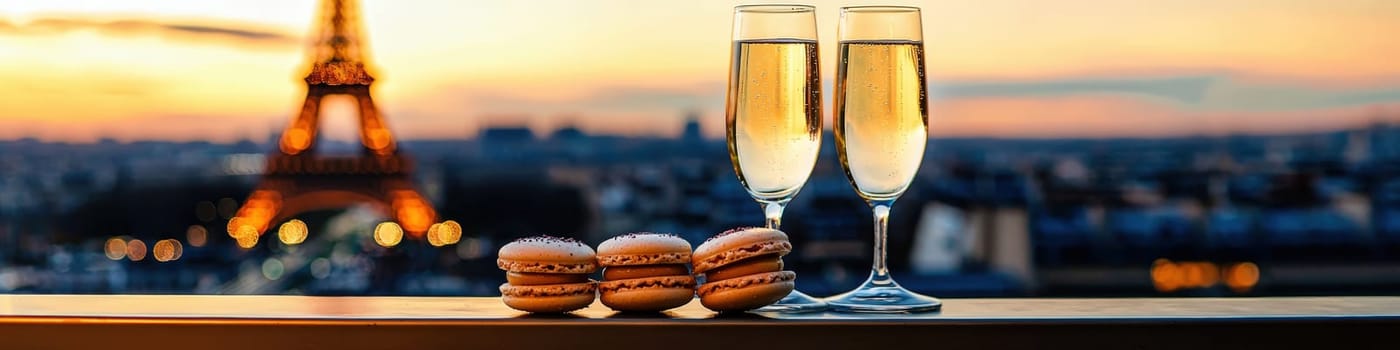 Close-up of champagne and macaroons on the background of the Eiffel Tower. Selective focus.