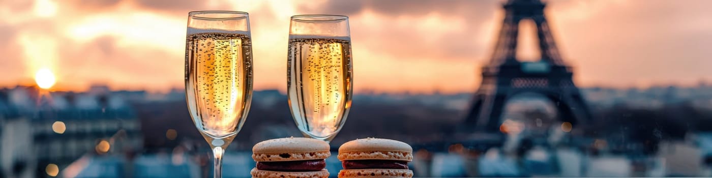 Close-up of champagne and macaroons on the background of the Eiffel Tower. Selective focus.