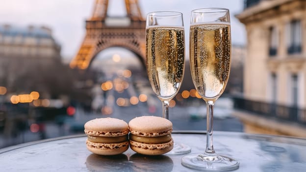 Close-up of champagne and macaroons on the background of the Eiffel Tower. Selective focus.