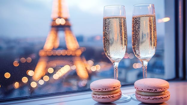 Close-up of champagne and macaroons on the background of the Eiffel Tower. Selective focus.