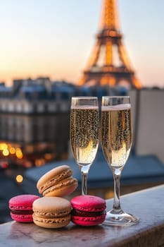 Close-up of champagne and macaroons on the background of the Eiffel Tower. Selective focus.