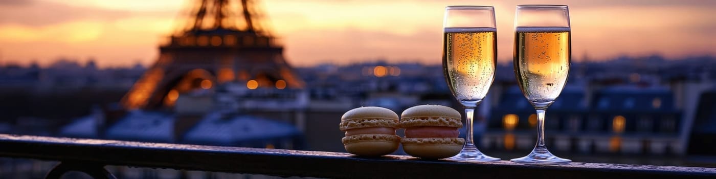 Close-up of champagne and macaroons on the background of the Eiffel Tower. Selective focus.