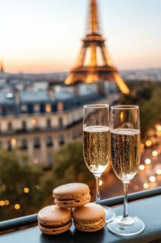 Close-up of champagne and macaroons on the background of the Eiffel Tower. Selective focus.