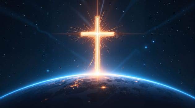 A glowing cross is on a blue planet. The cross is lit up and he is shining brightly