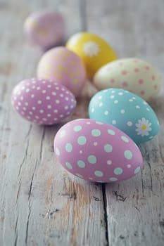 Close-up of painted eggs on a wooden table. Selective focus.