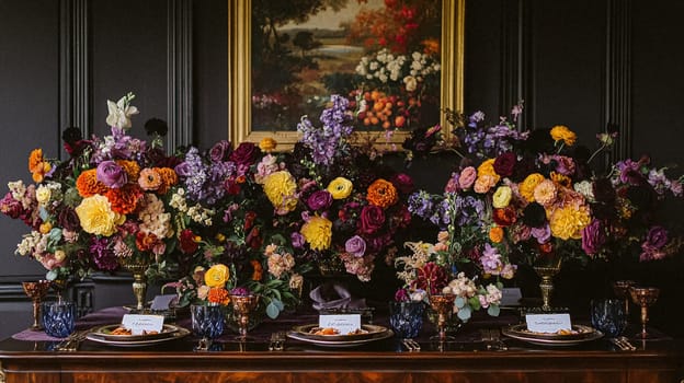 Elegant royal dining table adorned with luxurious floral arrangements for wedding or event, vintage tableware, and candles in a classic English countryside manor, creating a romantic and sophisticated atmosphere idea